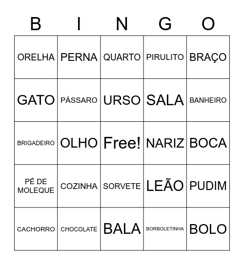 BINGO DA BORBOLETINHA Bingo Card