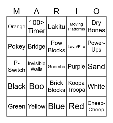 COLORS/THINGS TO AVOID IN MARIO GAMES Bingo Card