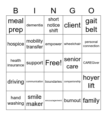CAREGiving Lingo BINGO Card