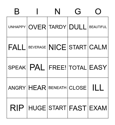 Synonyms Bingo Card
