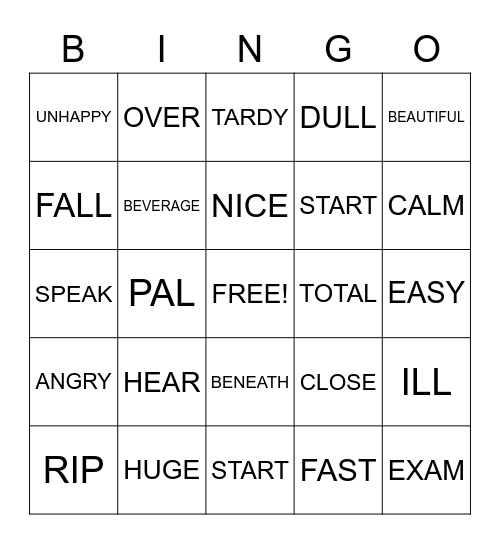 Synonyms Bingo Card