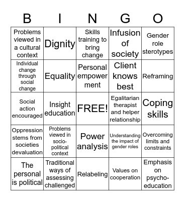 Feminist Therapy Key Concepts Bingo Card