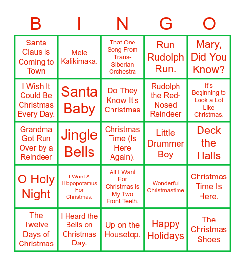 Christmas Song Bingo Card