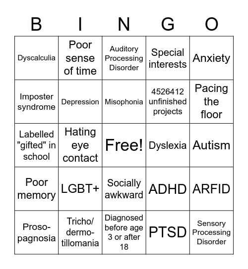 Neurodivergent Bingo Card