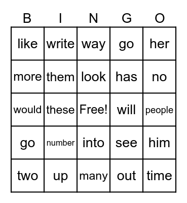 Most Common Words Bingo Card