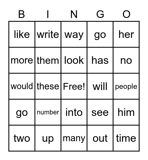 Most Common Words Bingo Card