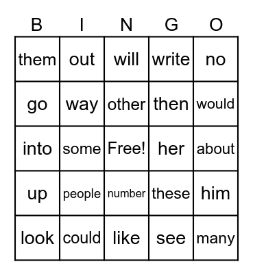 Most Common Words Bingo Card