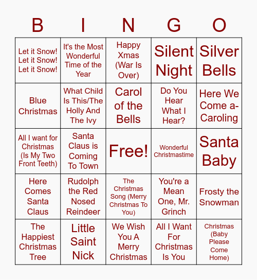 Holiday Songs (from Spotify Christmas Classics) Bingo Card