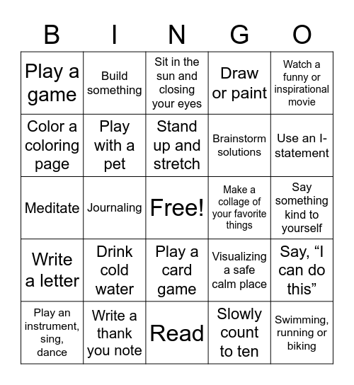 Coping Skills Bingo Card