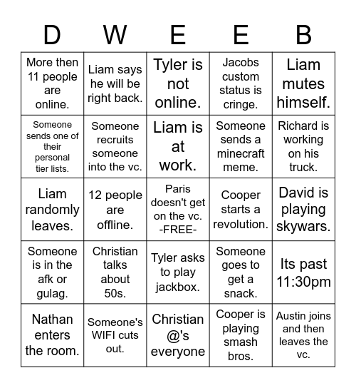 The Dweebs Dungeon Bingo Card