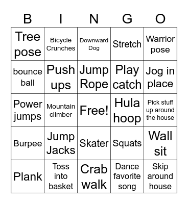 Fitness/Yoga/Fun Bingo Card