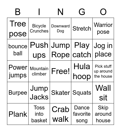 Fitness/Yoga/Fun Bingo Card