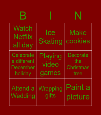 Winter Break Bingo Card