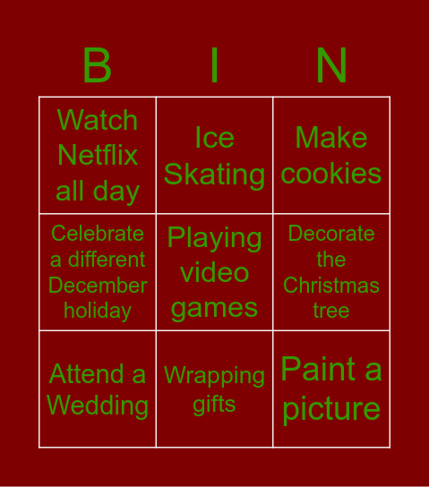 Winter Break Bingo Card