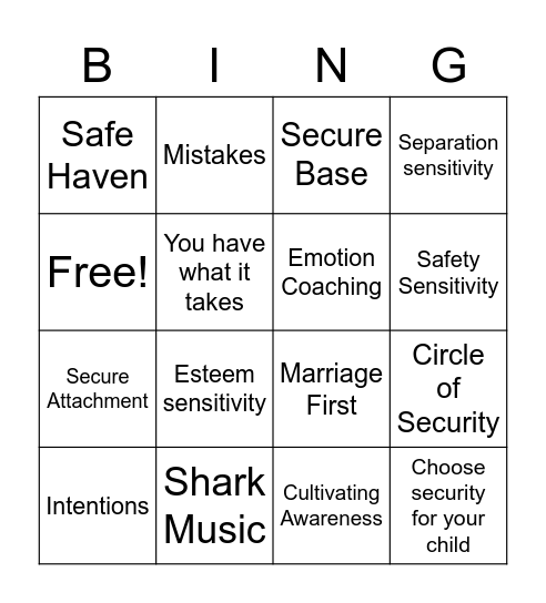 Raising a Secure Child Bingo Card