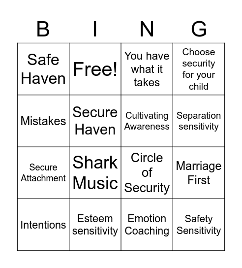 Raising a Secure Child Bingo Card