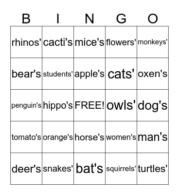 Possessive Noun Bingo Card