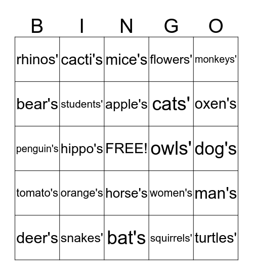 Possessive Noun Bingo Card
