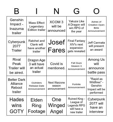 TGA Predictions Bingo Card