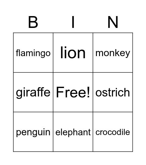 Animals Bingo Card