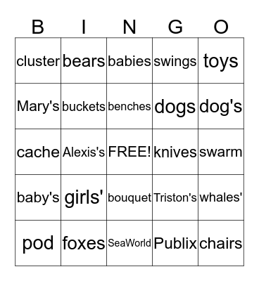 Noun Mania Bingo Card