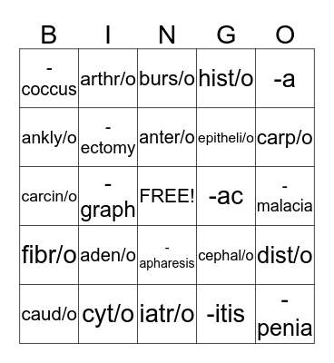 Medical Terminiology Bingo Card