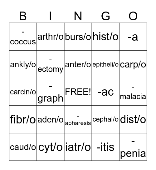 Medical Terminiology Bingo Card