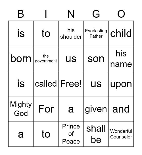 Memory Verse Bingo Isaiah 9:6 Bingo Card