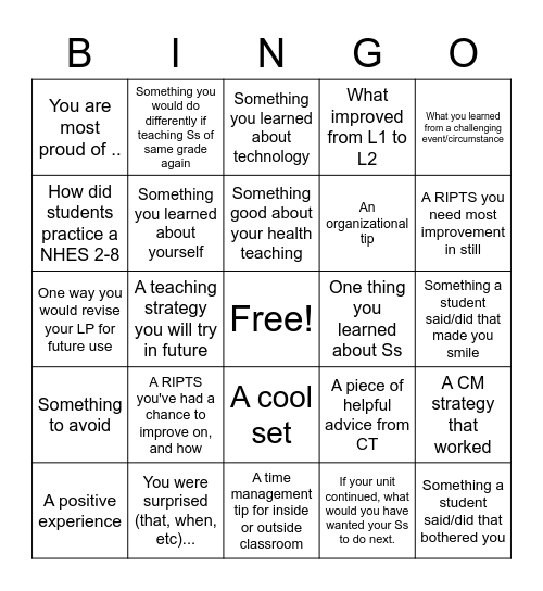 HPE 417 Field Experience Review Bingo Card
