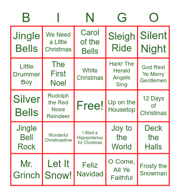 Christmas Song Bingo Card