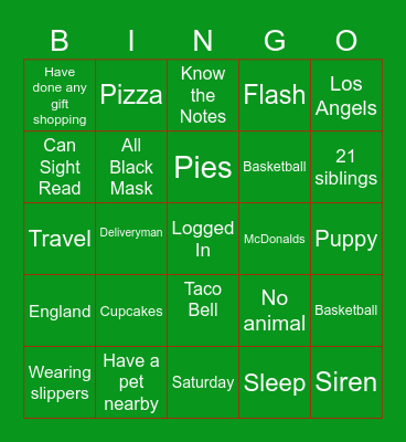 My Favorite Things Bingo Card