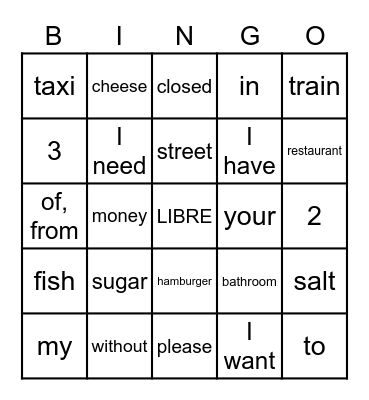 DUOLINGO (Travel and Restaurant) Bingo Card