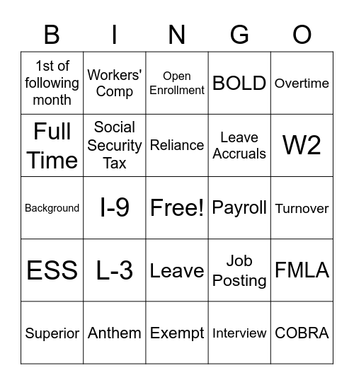 Human Resources Bingo Card