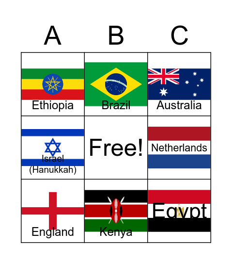 Countries for Holidays Around the World Bingo Card