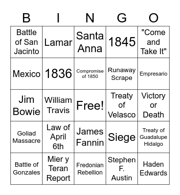 Texas Revolution Bingo Card