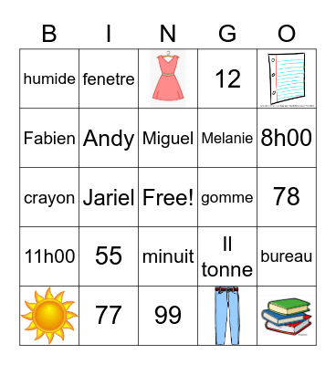 7th Grade Numbers, Time + Objects Bingo Card