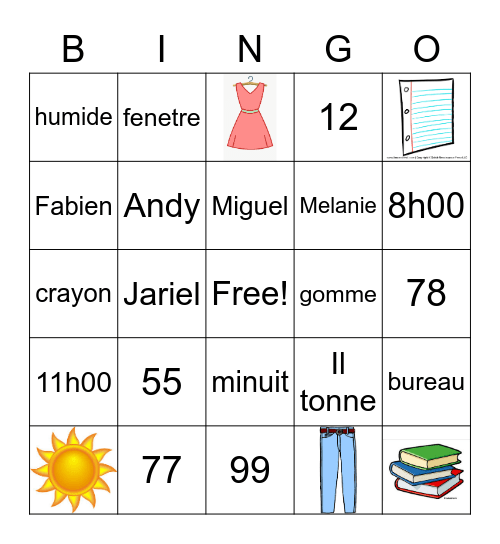 7th Grade Numbers, Time + Objects Bingo Card