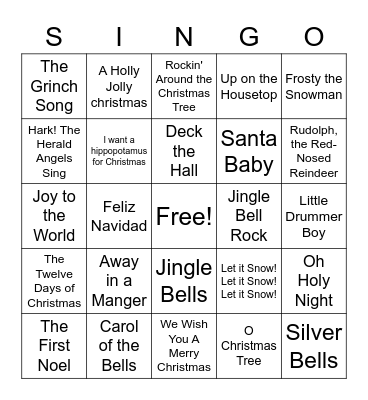 Christmas Carol Bingo Card