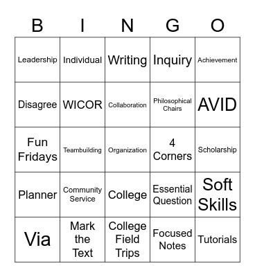 AVID Bingo Card