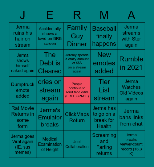 Jerma's Great 2021 Bingo Card