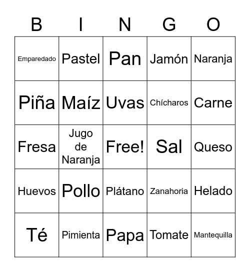 Comida Bingo Card