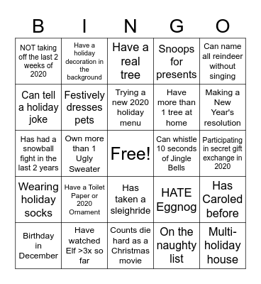 Virtual Holiday Party Bingo Card