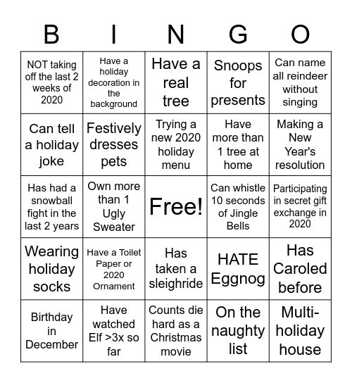 Virtual Holiday Party Bingo Card