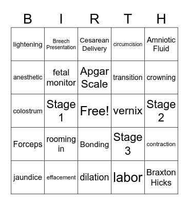 The Birth Process Bingo Card