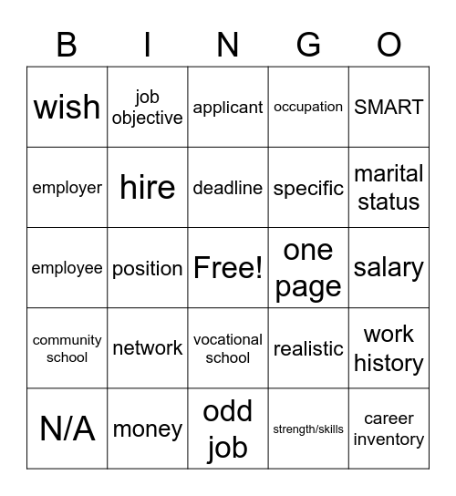 Semester One- Career Prep Bingo Card