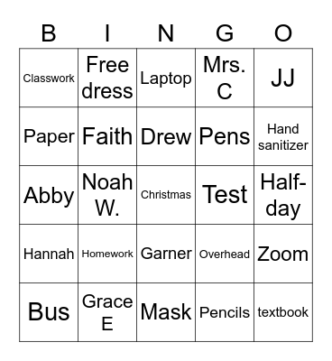 4th Period Bingo Card