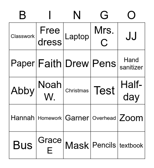 4th Period Bingo Card