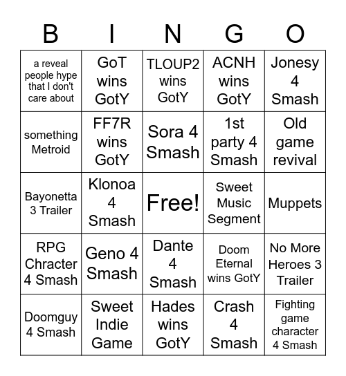 TGA's 2020 Bingo Card