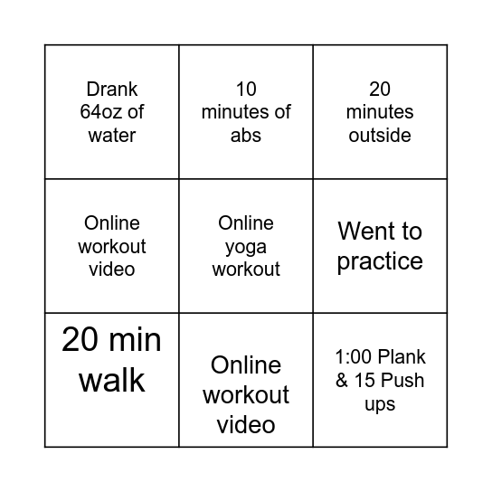 Phy Ed Bingo Card