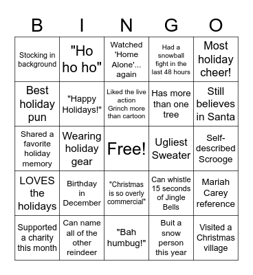 Virtual Holiday Bingo Card